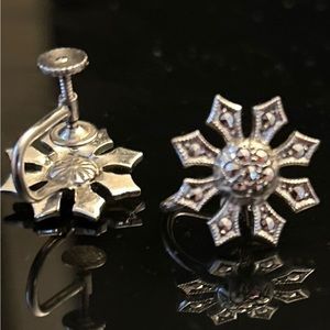Silver and Marcasite Floral Screw Back Earrings